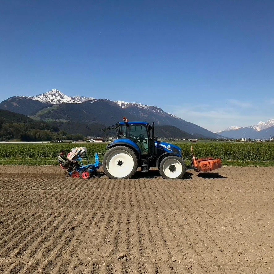 Blauer Traktor auf dem Feld vor den Bergen