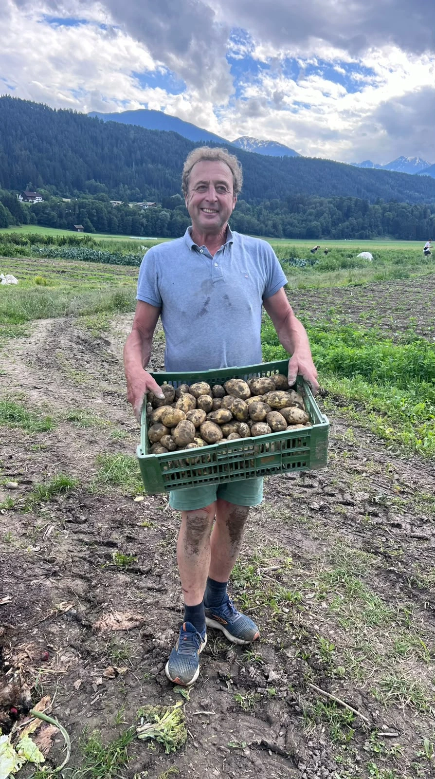 Mann mit einer Kiste Kartoffeln auf dem Feld